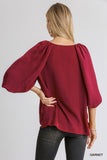 Washed Satin Balloon Sleeve Top, Garnet