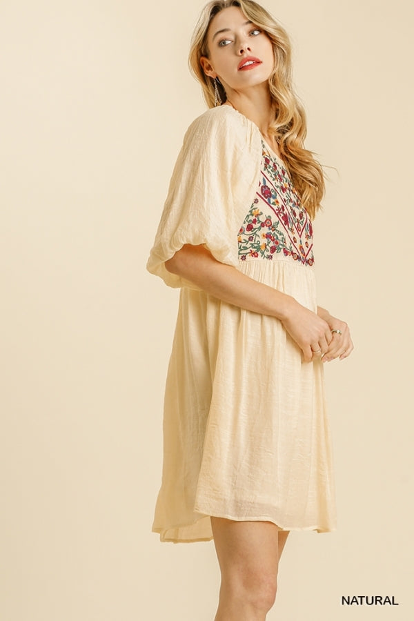 Floral Embroidered Balloon Sleeve Dress, Natural
