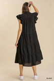 Tiered Ruffle Sleeve Midi Dress, Black