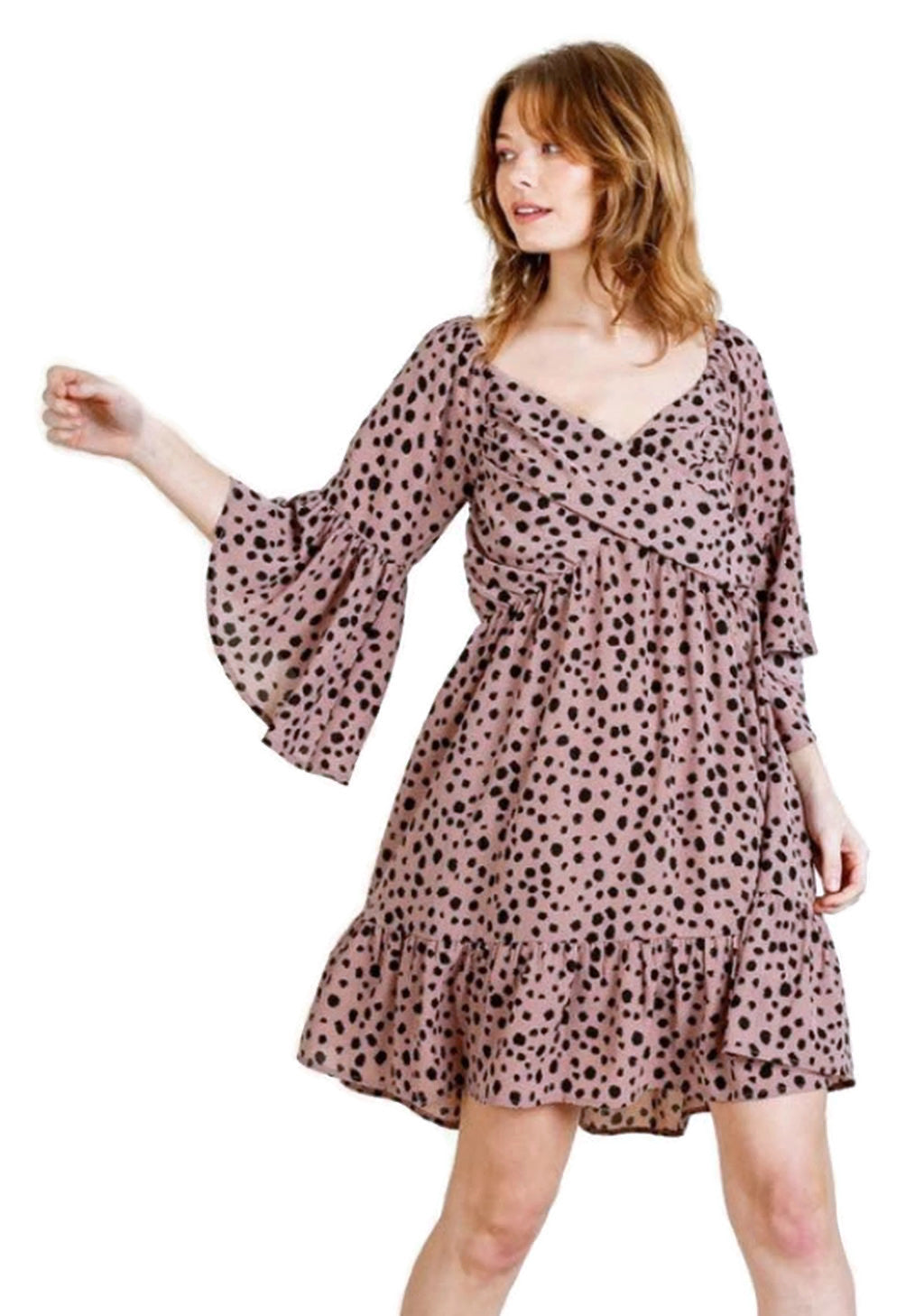 long sleeve dalmatian dress Women New Sweet Dalmatian Print Overlap V-Neck Flounce Sleeve Belted Dress S