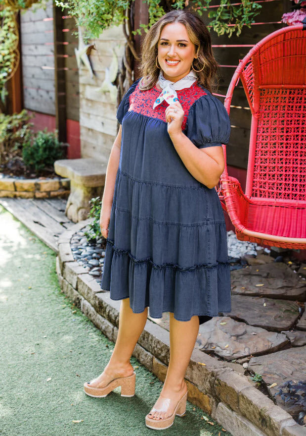 Pink Embroidered Tiered Denim Dresses - Layerz Pink Embroidered Tiered Denim Dresses - Layerz