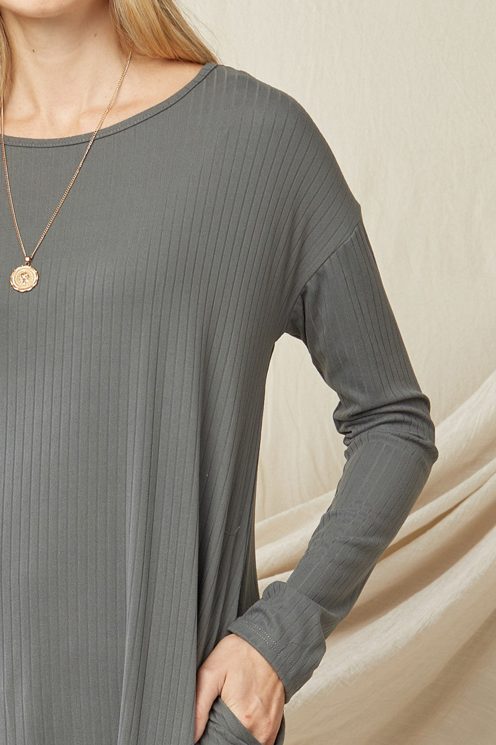 entro ribbed midi dress Entro Brown Solid Long Sleeve Midi Dress
