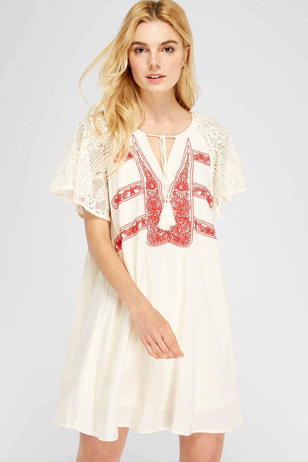 ENTRO Lace & Embroidered Mini Dress, Red Violet Skye Boutique ENTRO Lace & Embroidered Mini Dress, Red Violet Skye Boutique