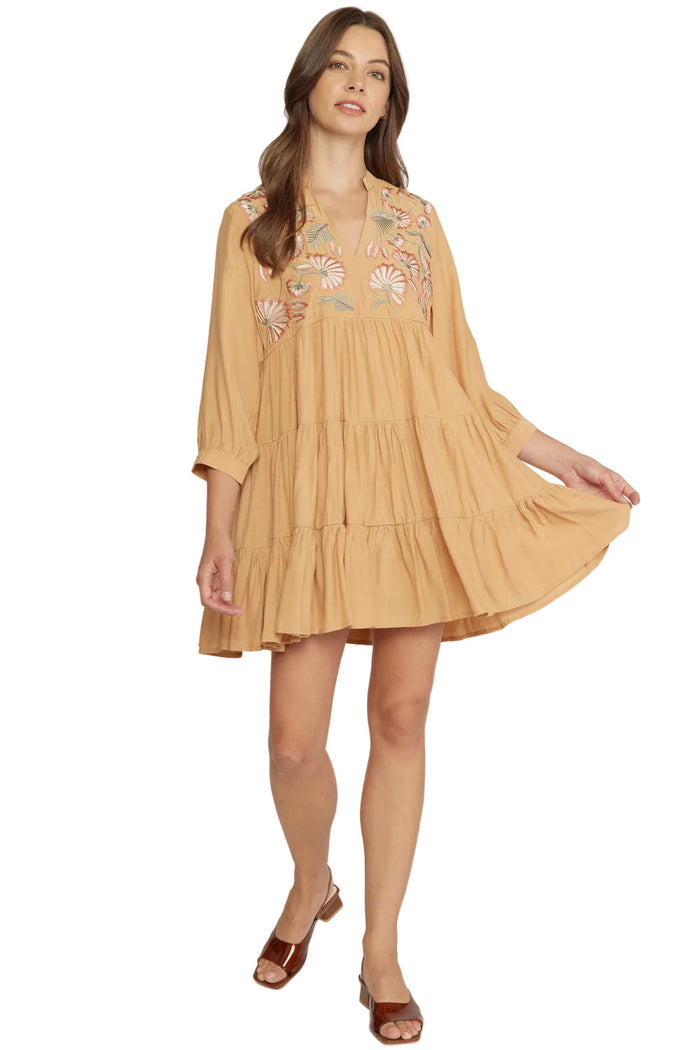 Floral Embroidered Tiered Dress, Butter Rum