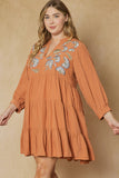 Floral Embroidered Tiered Dress, Terra Cotta