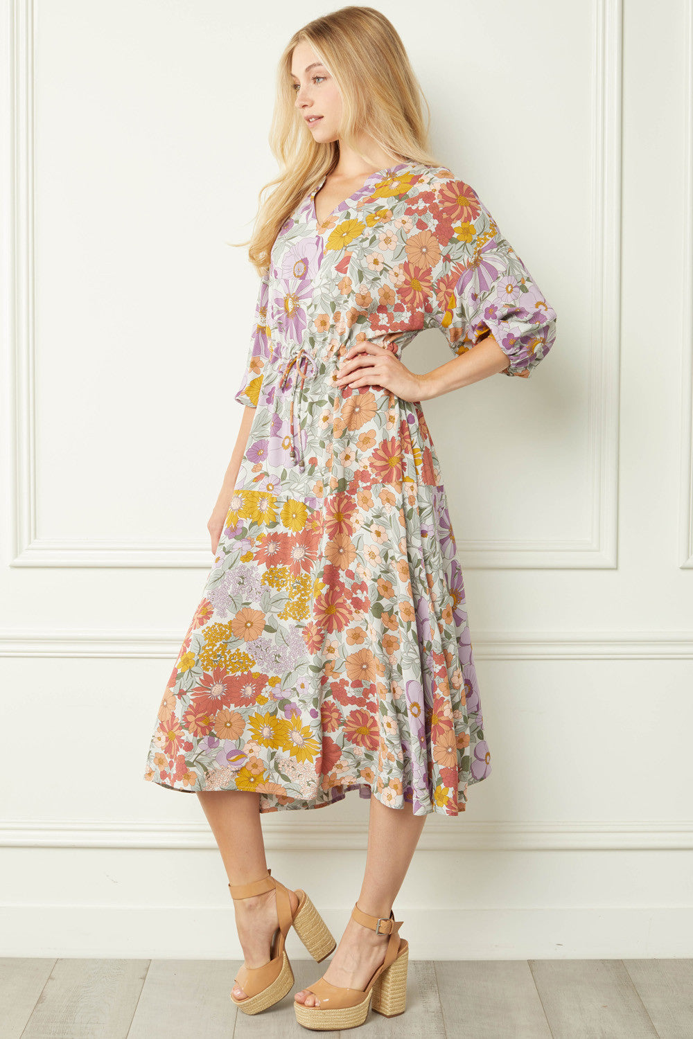 entro floral midi dress Floral Print Tiered Midi Dress- Women's Pink Spring Dresses- Entro Floral Midi Dress Juliana's Boutique