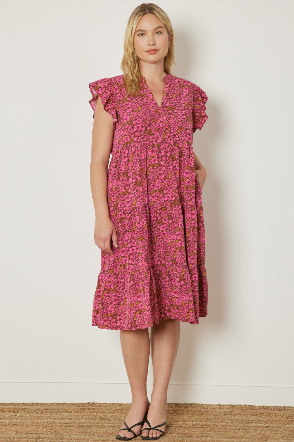 Floral Tiered Ruffle Midi Dresses - Entro Floral Tiered Ruffle Midi Dresses - Entro