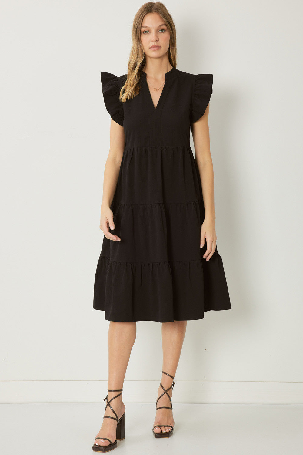 Ruffled Tiered Pocket Midi Dresses - Entro Ruffled Tiered Pocket Midi Dresses - Entro