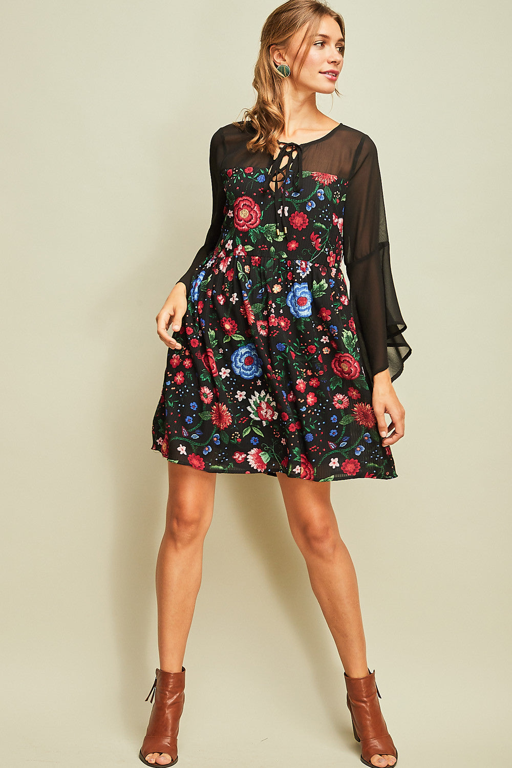 Entro - Floral Bell Sleeve Mini Dress - S / Multi Entro - Floral Bell Sleeve Mini Dress - S / Multi