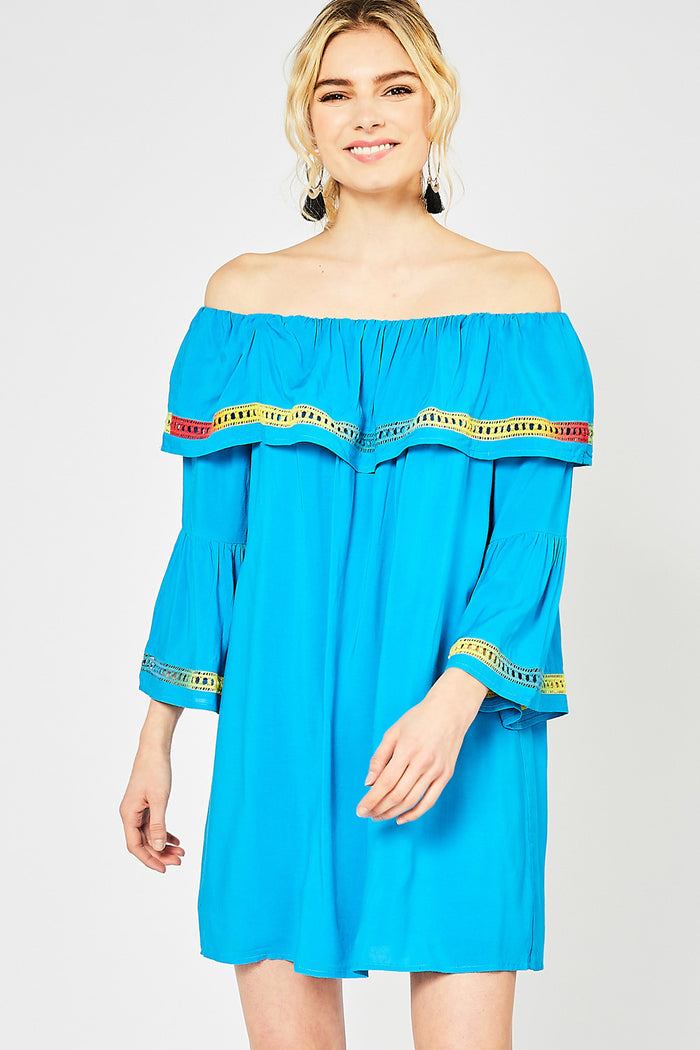 Off The Shoulder Bell Sleeve Dress, Turquoise
