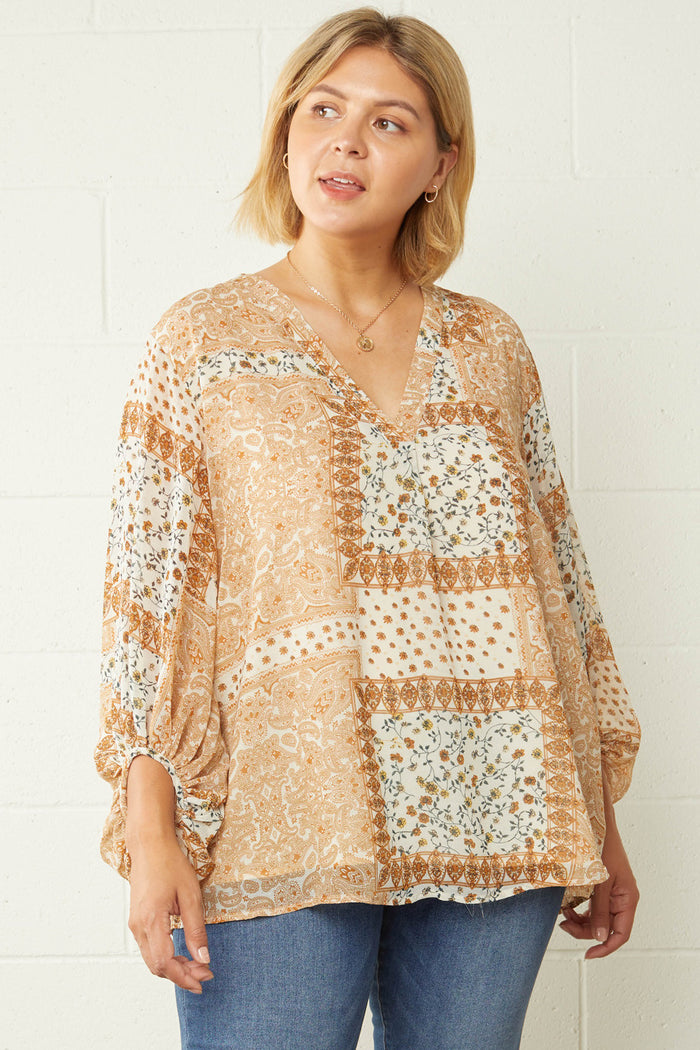 entro mixed print bubble sleeve blouse