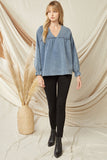Ruffled V-Neck Top, Denim
