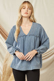 entro denim v-neck ruffled top