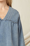 Ruffled V-Neck Top, Denim