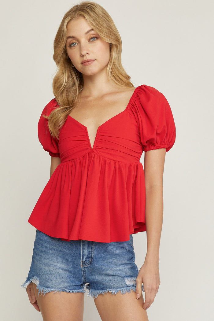Bubble Sleeve Babydoll Top, Red