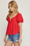 Bubble Sleeve Babydoll Top, Red