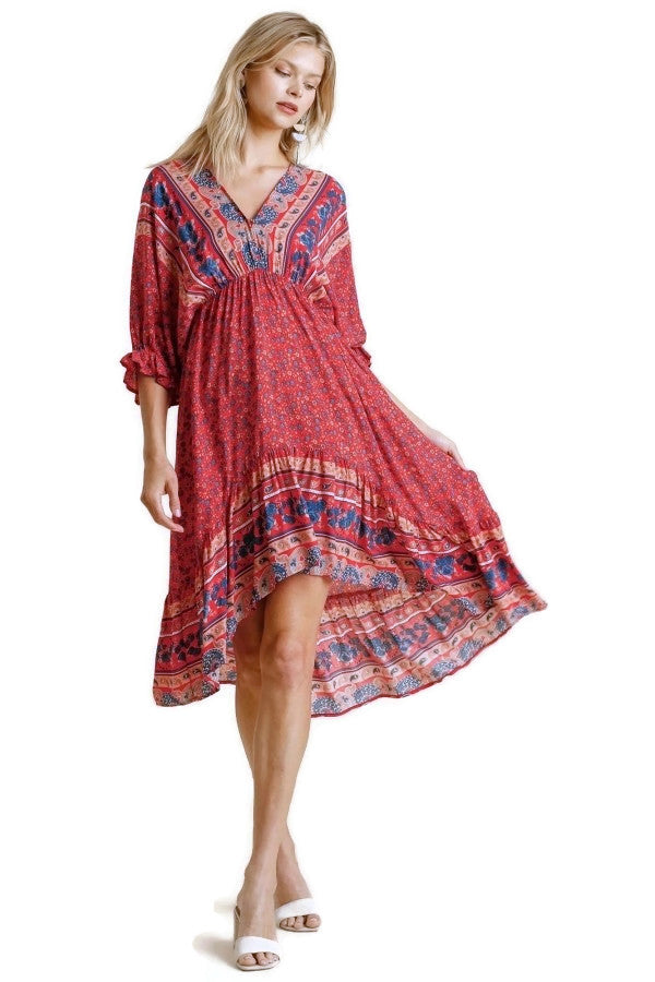 Women's Mixed Print Bohemian Midi Dress - Umgee S Women's Mixed Print Bohemian Midi Dress - Umgee S