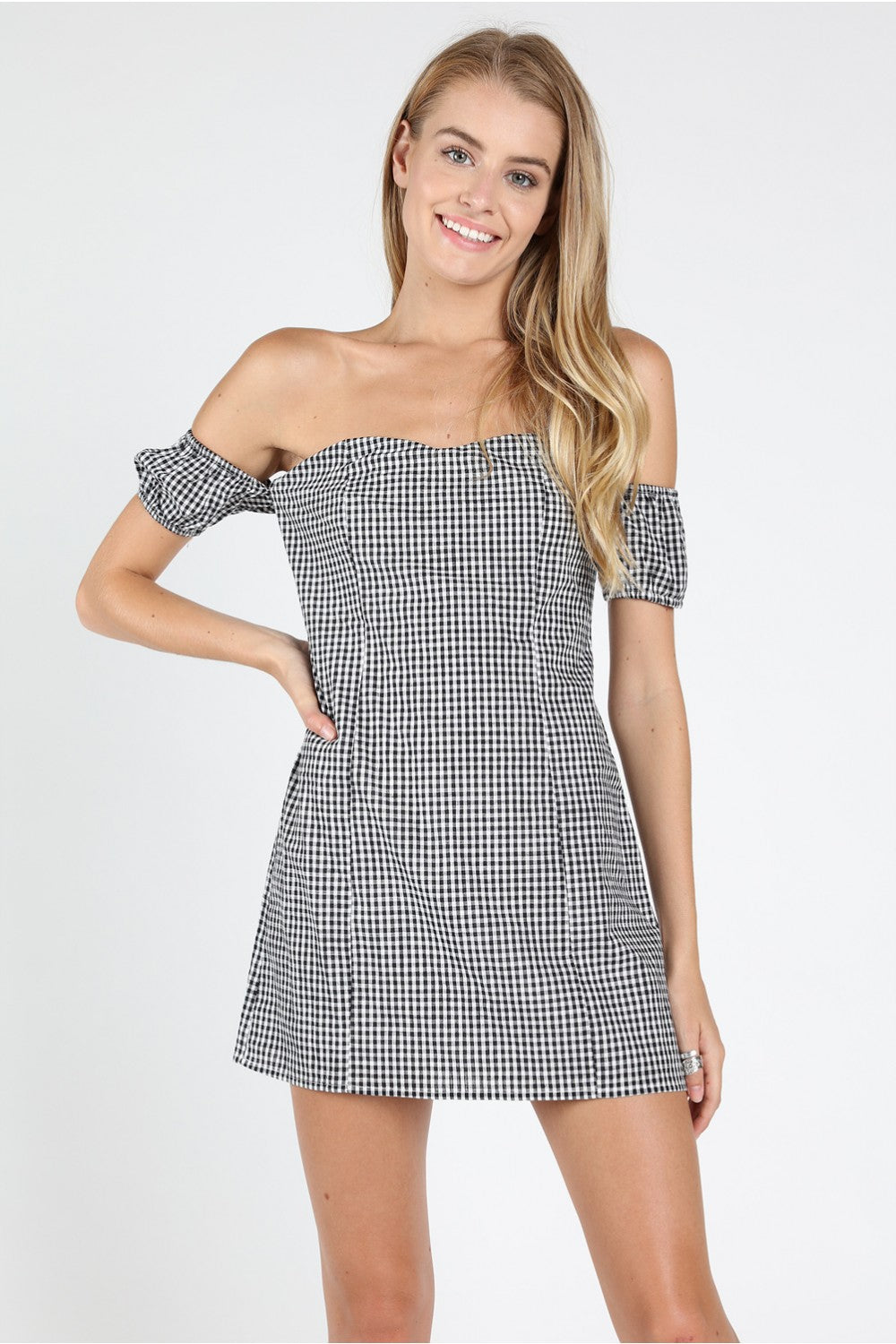 black and white gingham off the shoulder dress RAMPAGE Off The Shoulder Sun Dress Short Black White Check Gingham M NEW NWT