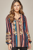 andree by unit / savanna jane striped & embroidered peasant top navy multi