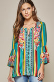 South Beach Striped Embroidered Top, Turq
