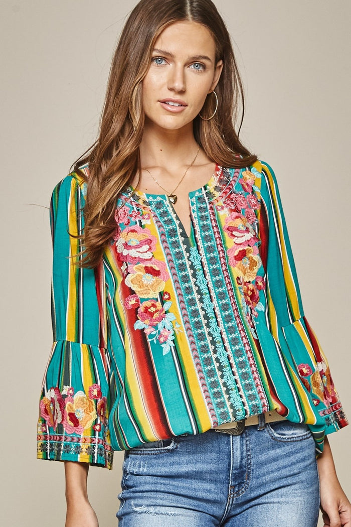 ANDREE BY UNIT STRIPED EMBROIDERED TURQUOISE TOP