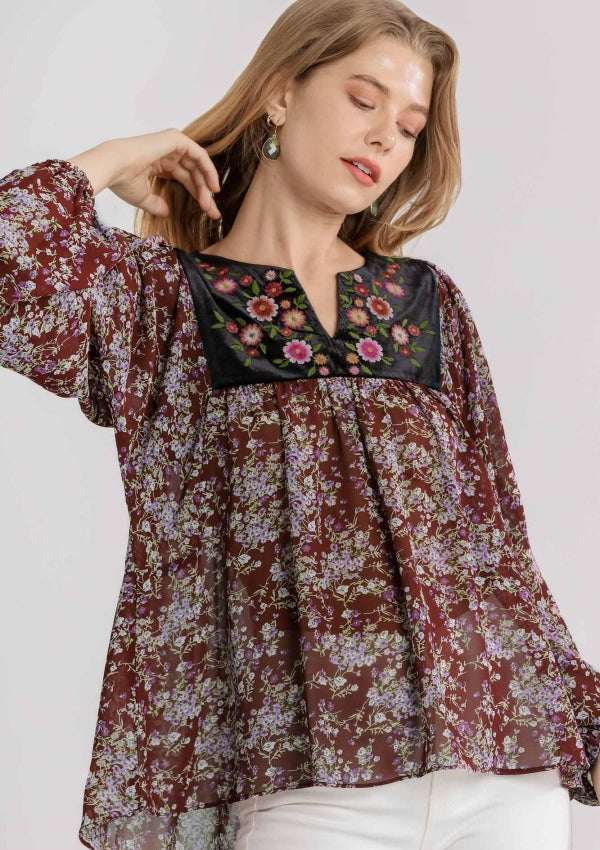 umgee sheer floral embroidered blouse