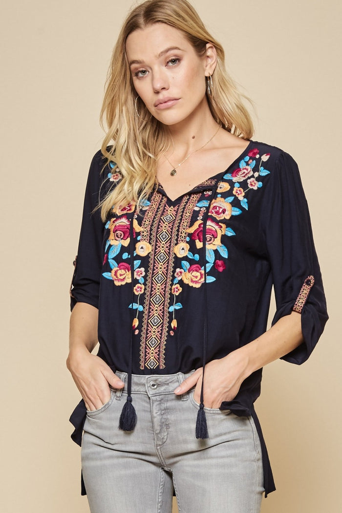 ANDREE BY UNIT NAVY EMBROIDERED GYPSY TUNIC