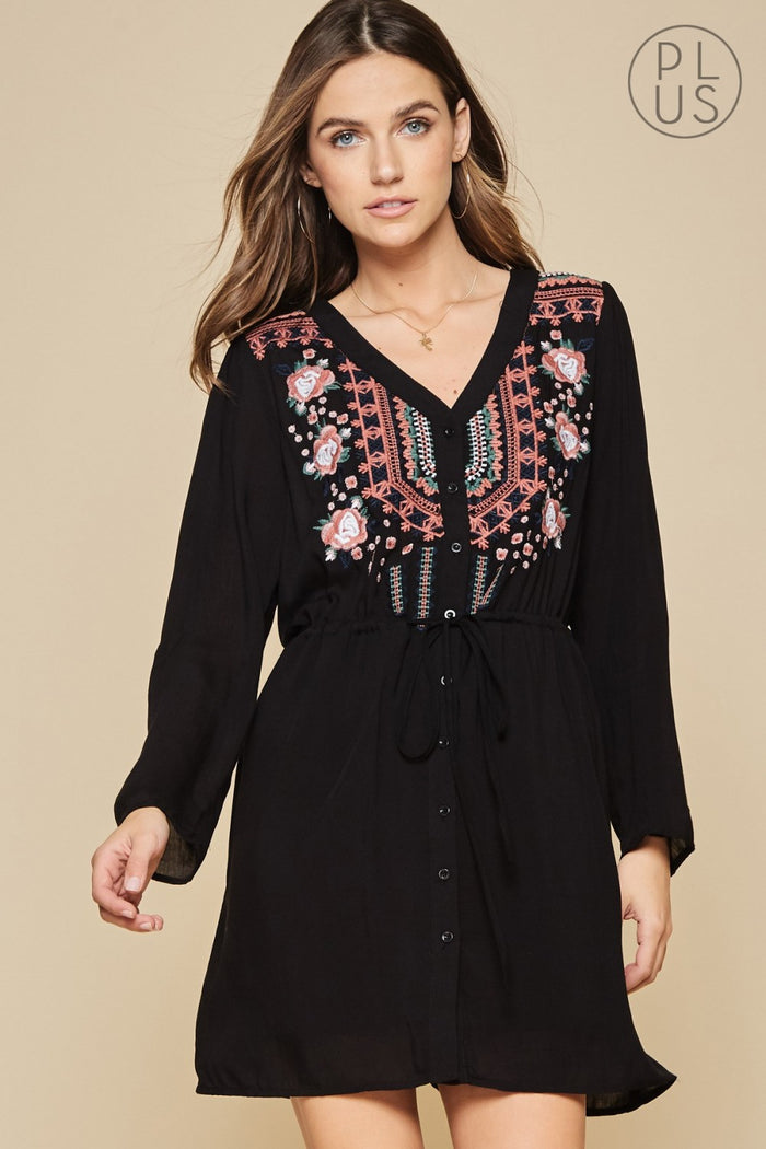 Embroidered Button Up Tunic Dress