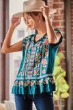Embroidered Ruffle Top, Teal