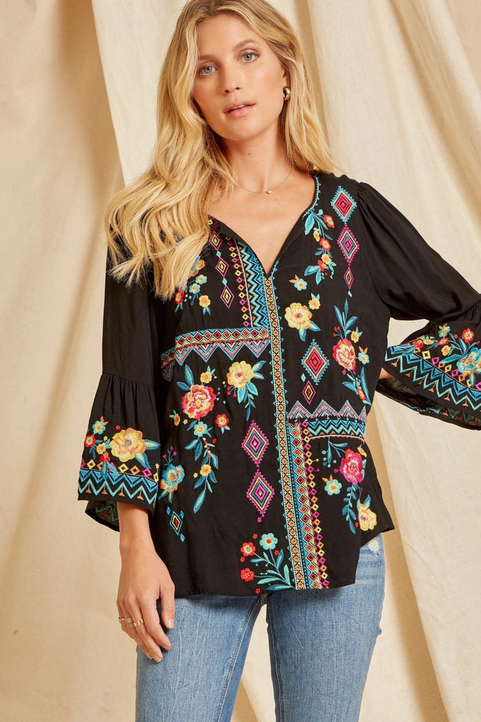 andree by unit / savanna jane Patchwork Embroidered Top, Black