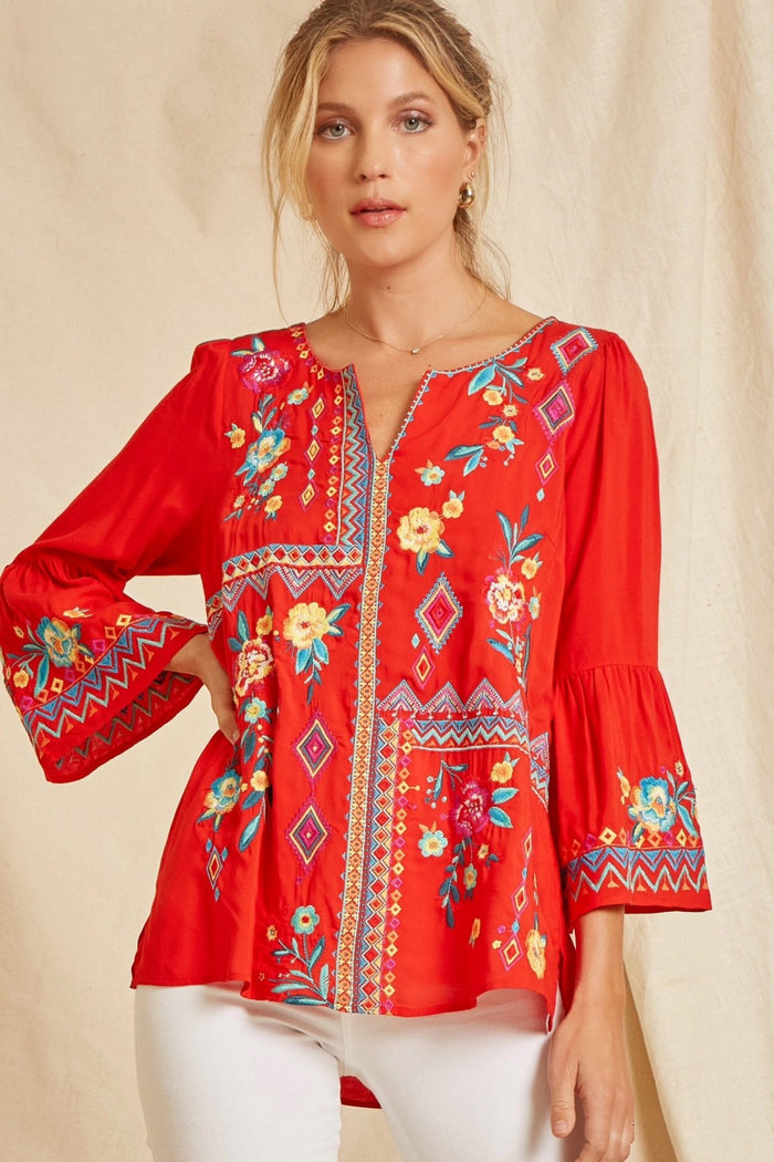 andree by unit / savanna jane Patchwork Embroidered Top, red