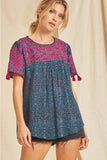 Embroidered Babydoll Top, Magenta & Teal