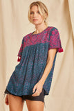 Embroidered Babydoll Top, Magenta & Teal
