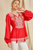 Embroidered Peplum Blouse, Red