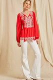 Embroidered Peplum Blouse, Red