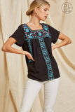 Black & Teal Embroidered Babydoll Top