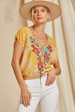 Floral Embroidered V-neck Top, Marigold