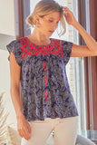 Flutter Sleeve Embroidered Paisley Top