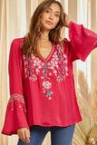 Embroidered Bell Sleeve Blouse, Hot Pink