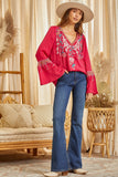 Embroidered Bell Sleeve Blouse, Hot Pink