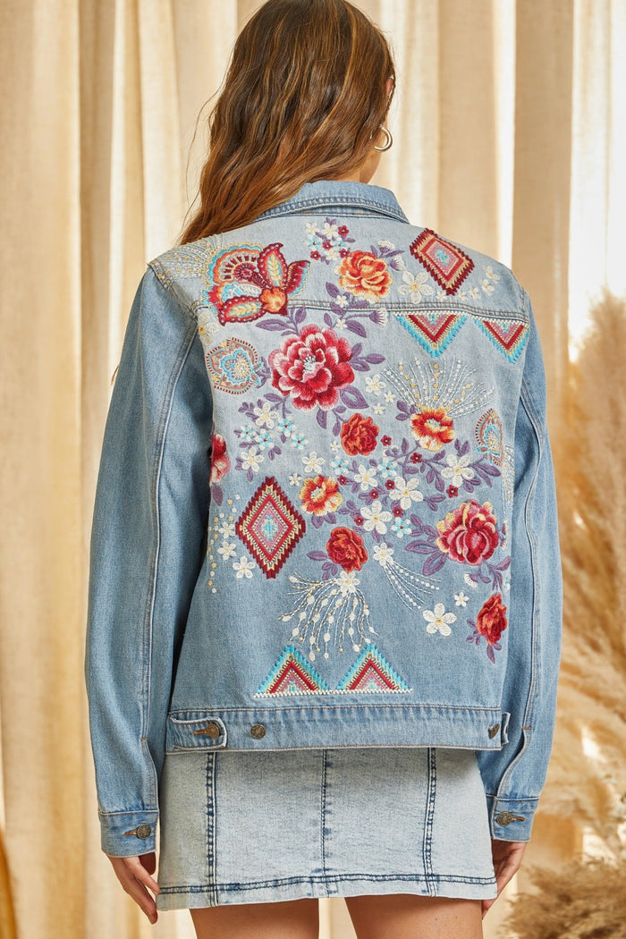 ANDREE BY UNIT / SAVANNA Mixed Print Embroidered Denim Jacket
