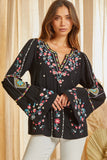 Embroidered Bell Sleeve Blouse, Black