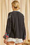 Floral Embroidered Button Down Top, Black