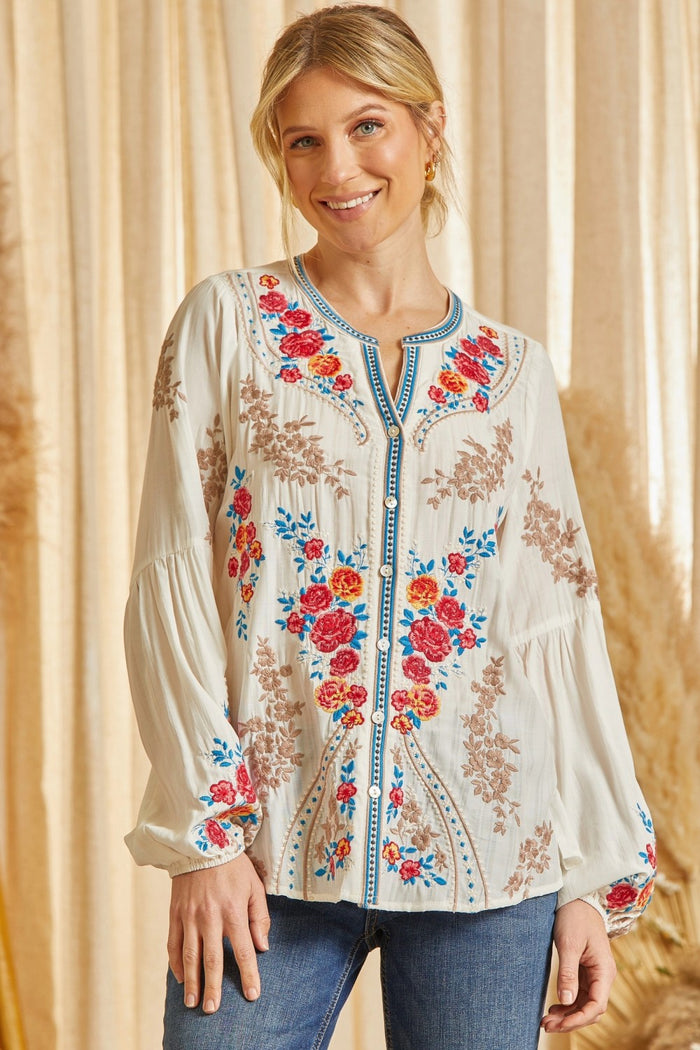 andree by unit / savanna jane Floral embroidered button down top