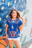 Floral Embroidered Short Sleeve Top, Royal
