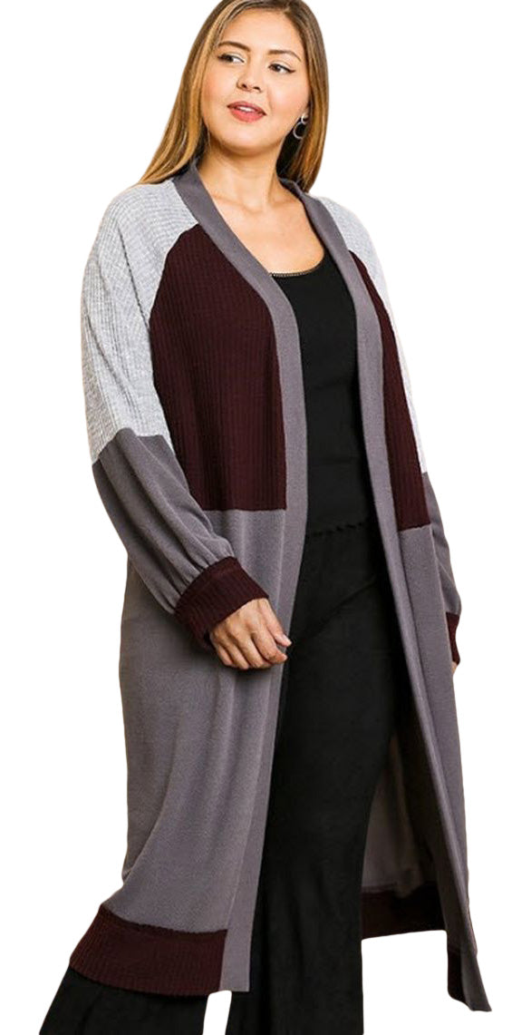 umgee color block long duster sweater plus size