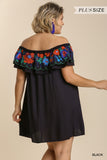 Floral Embroidered Ruffled Dress, Black