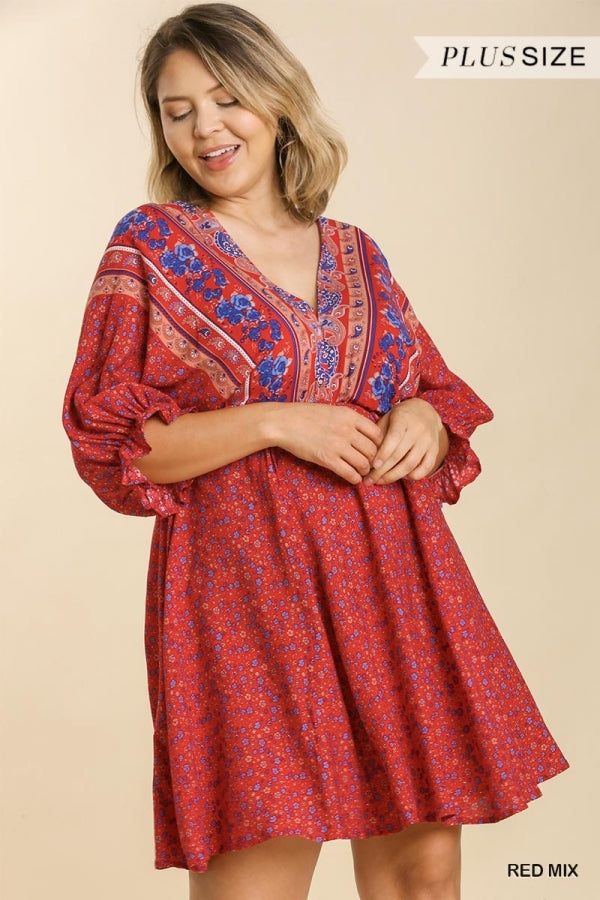 umgee red dress Red Leafy Border Print V-Neck Midi Dress by Umgee Small