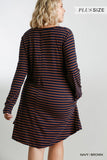 Striped Casual Dress, Navy / Brown